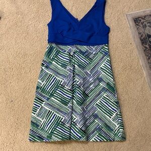 HD in Paris Blue and Green Geometric Midi Dress